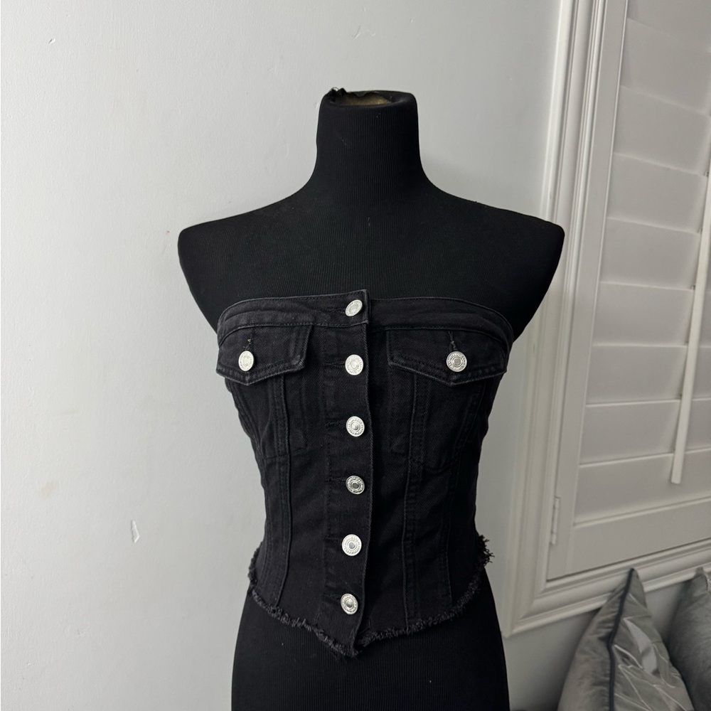 Black Denim Button-Up Corset Top